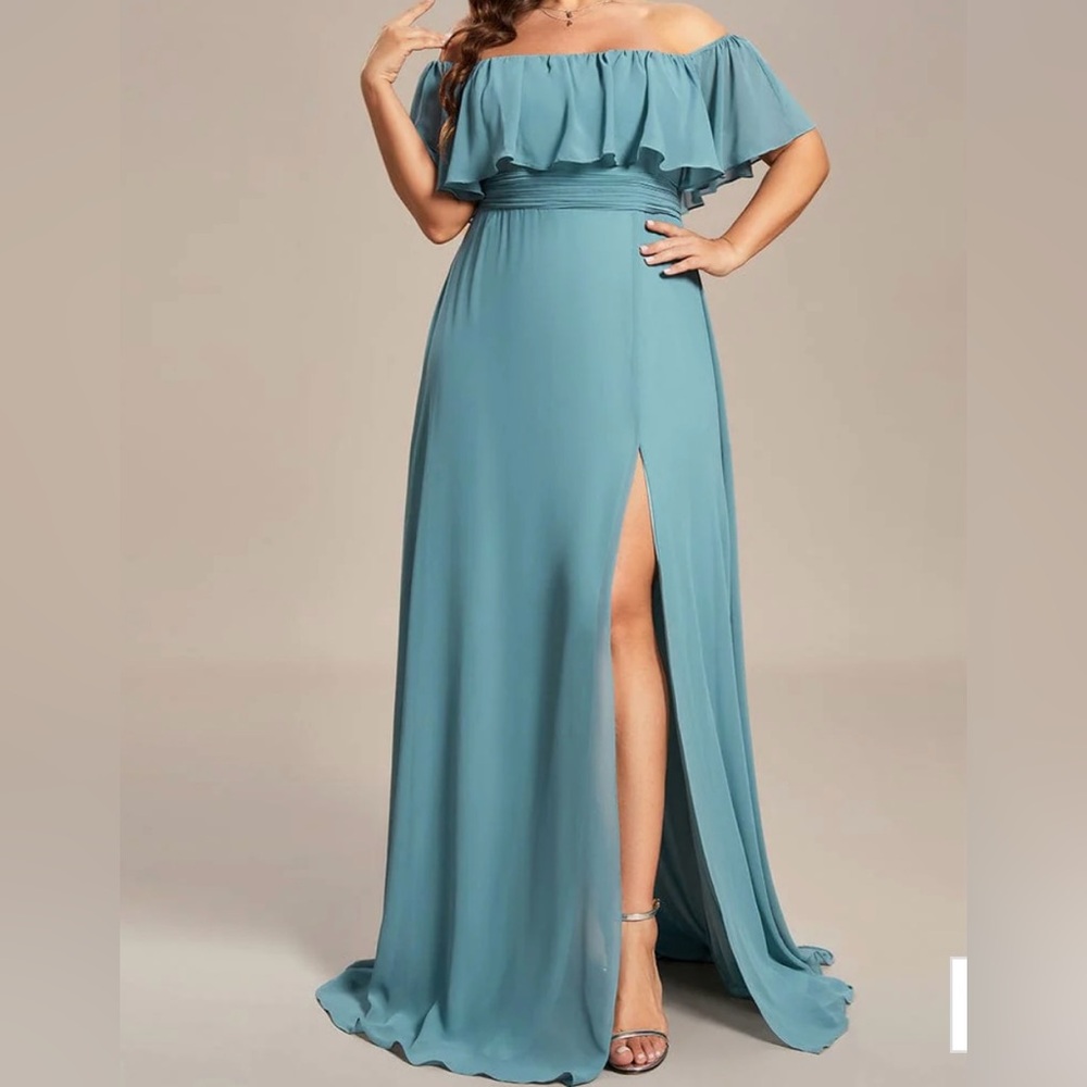 Off Shoulder Ruffle Thigh Slit Dress